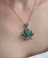 Filigree Art Turquoise Gemstone 3D Lotus Flower Women Silver Pendant Necklace