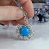 925 Sterling Silver Filigree Art Turquoise Stone Floral Pendant Necklace