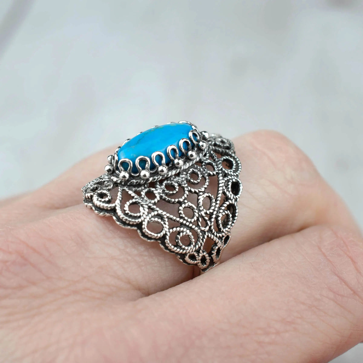 Filigree Turquoise Gemstone Lace Detailed Women Silver Statement Ring ...