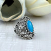 925 Sterling Silver Filigree Art Turquoise Stone Lace Cocktail Ring