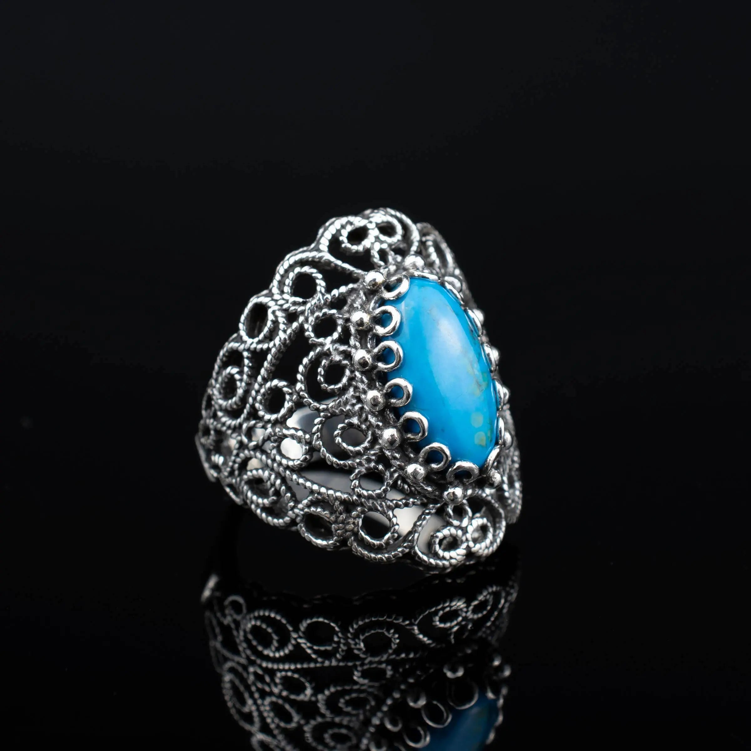 Filigree Turquoise Gemstone Lace Detailed Women Silver Statement Ring ...