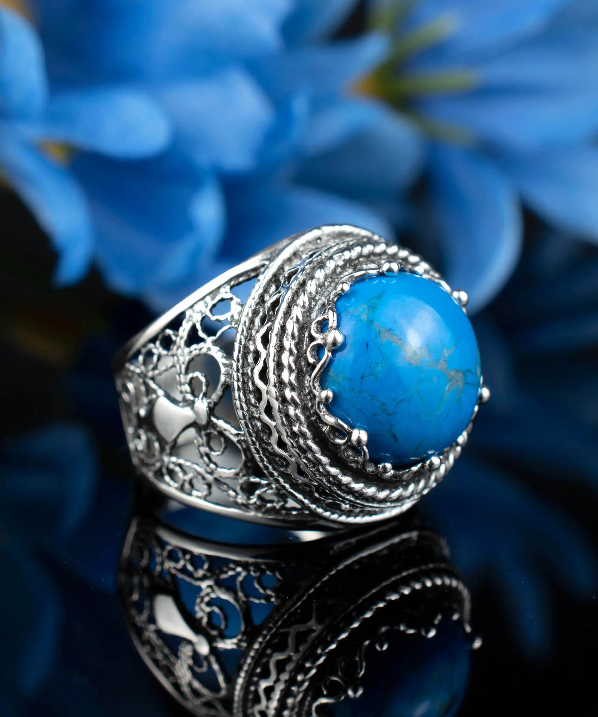 Filigree Art Turquoise Gemstone Women Silver Bold Statement Ring ...