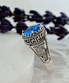 Greek Key Pattern Filigree Art Blue Quartz Gemstone Women Silver Cocktail Ring