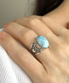 Larimar Gemstone Double Heart Detailed Filigree Art 925 Sterling Silver Women Statement Ring