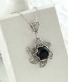 Sterling Silver Filigree Black Onyx Gemstone Blossoming Lotus Flower Pendant Necklace