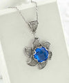 Sterling Silver Filigree Blue Quartz Gemstone Blossoming Lotus Flower Pendant Necklace