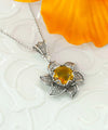 Sterling Silver Filigree Citrine Gemstone Blossoming Lotus Flower Pendant Necklace