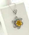 Sterling Silver Filigree Citrine Gemstone Blossoming Lotus Flower Pendant Necklace